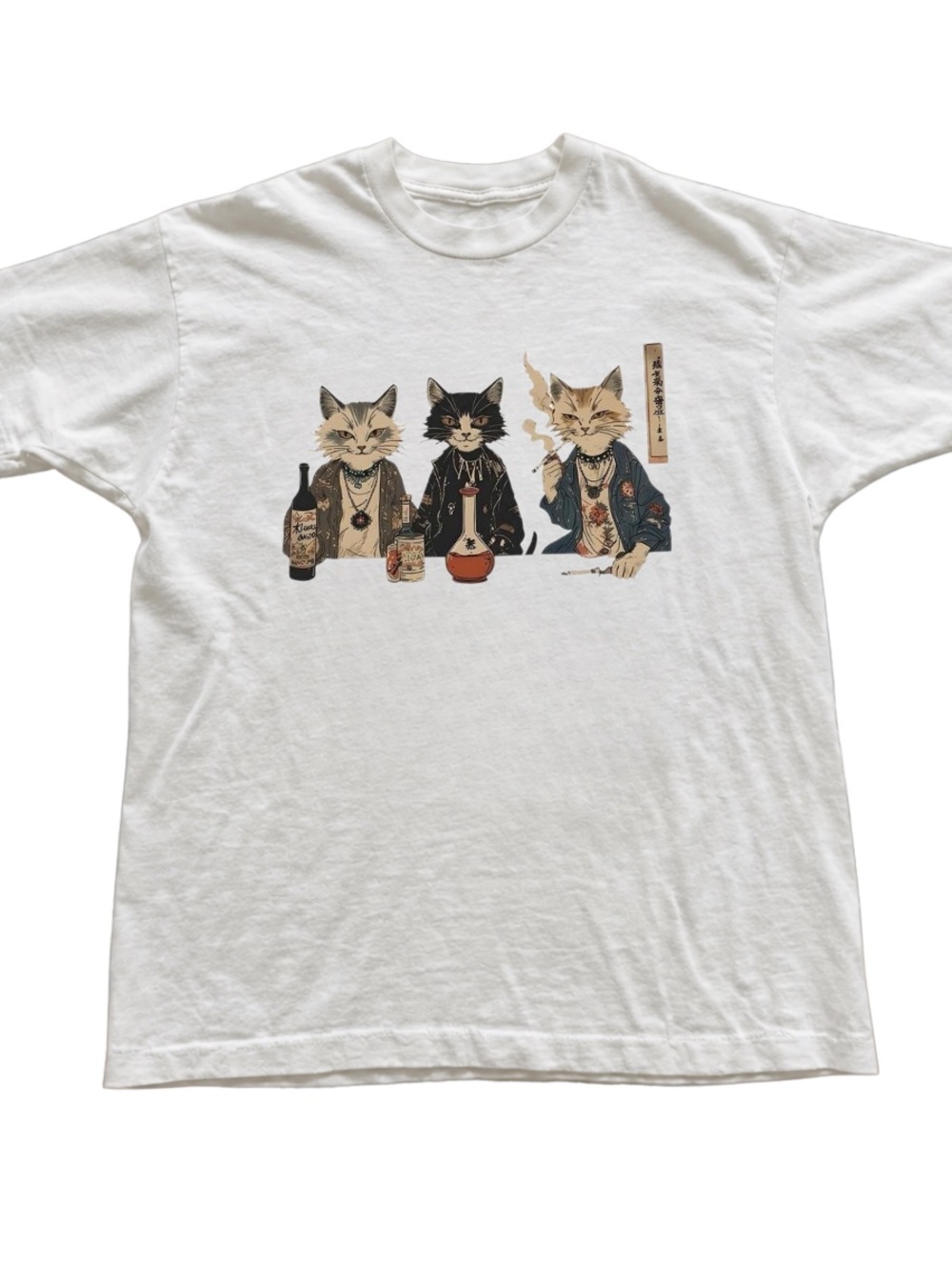 White Graphic Tee with Three Cats Drinking Design